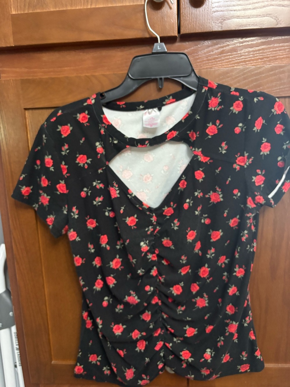No Boundaries Black Top with Pink Logo and Red Floral Accents